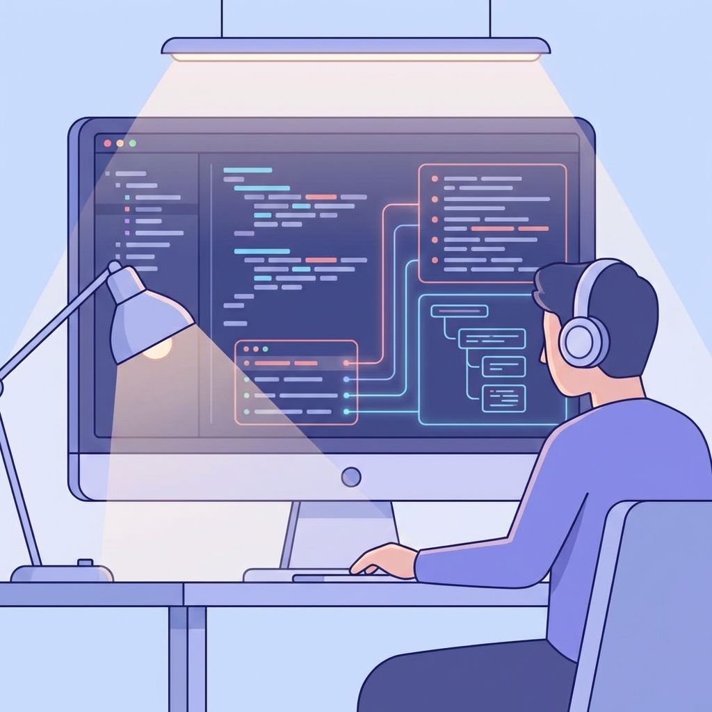 Developer debugging code on a monitor